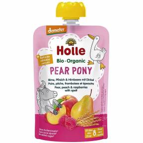 Piure “Pear Pony” cu para, piersica, zmeura si spelta, Demeter, ECO, 100 g, Holle